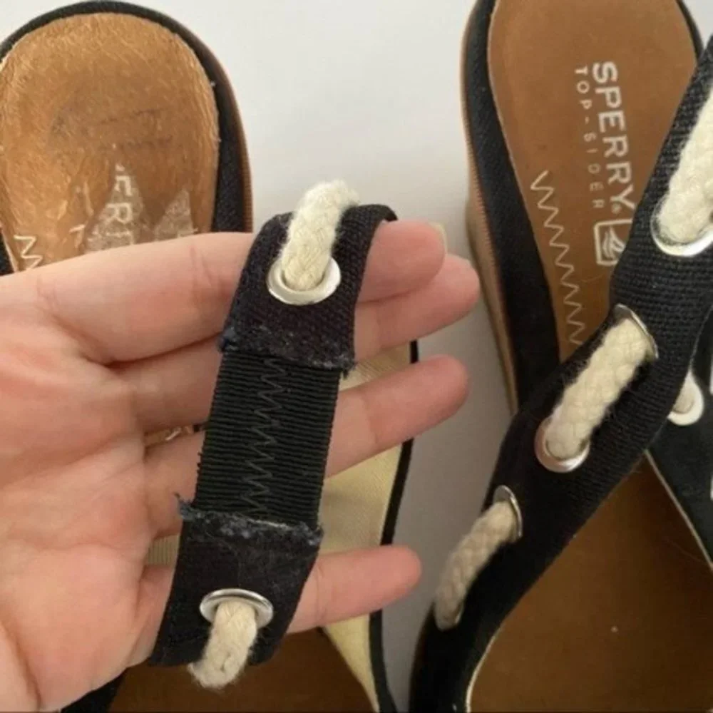 Sperry Southport Black Canvas Wedge Sandals Nautical Casual Comfort Size 7